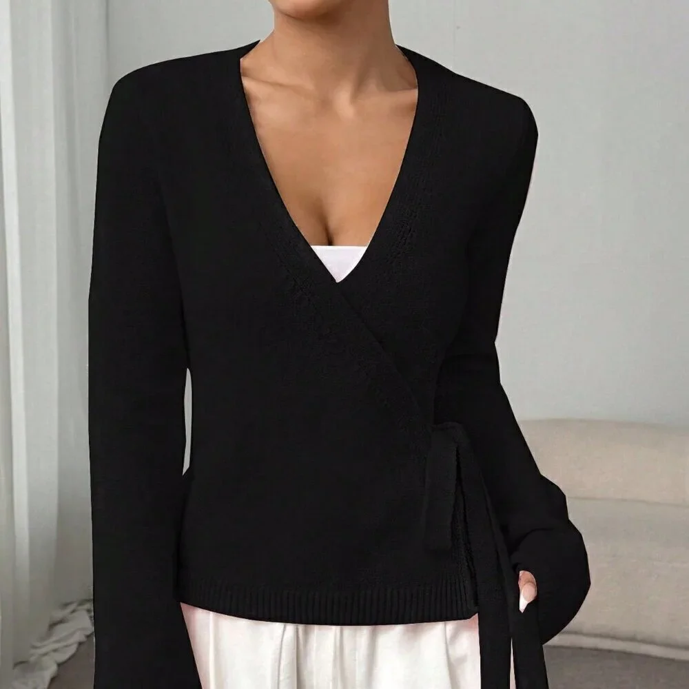 Black Casual Women's Lace-Up Loose Versatile knit Cardigan